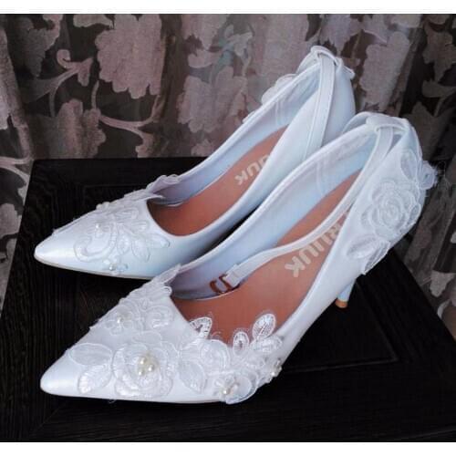White lace pumps shoes woman ladies point toes sexy thin heels ankle buckle straps bridal wedding pumps shoes bride