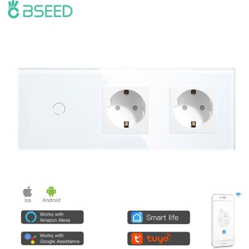 BSEED Double Normal EU Sockets 1 Gang Smart Wifi Switch With White Black Gloden Crystal Glass Panel Control By Alexa Google Tuya