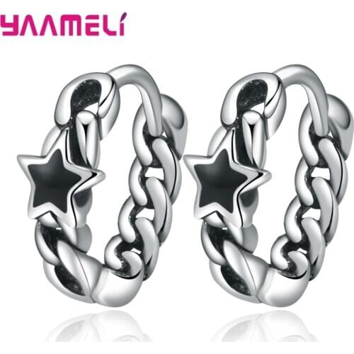 925 Sterling Silver Vintage Hoop Earrings for Female Male Antique Old Fashion Black Star Loop Pendientes Ear Brinco Punk Jewelry