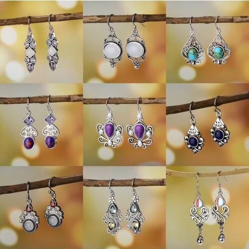 Boho Retro Antique Drop Earrings Hollow Geometric Irregular Inlay Opal Zircon Womens Best Wedding Jewelry Gift Multiple Options