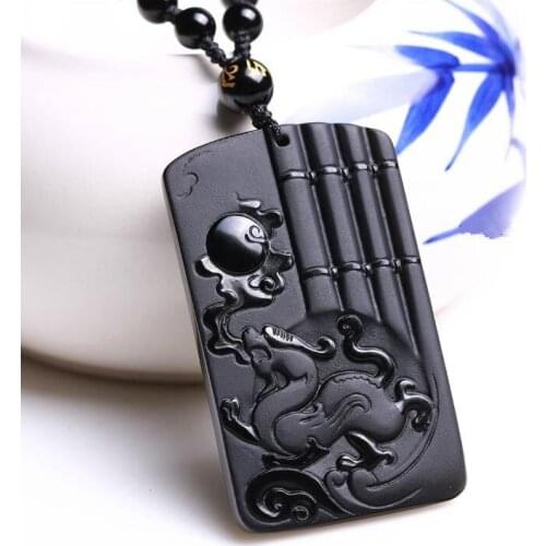 Jewelry Black Obsidian Carving Dragon Necklace Amulet pendant free necklace obsidian Blessing Lucky pendants