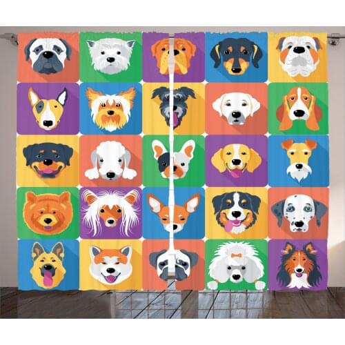 Dogs Curtains Funny Pop Art Squares Colorful Puppies Satin Fabric Drapes for Living Room Bedroom 2 Panel Window Set