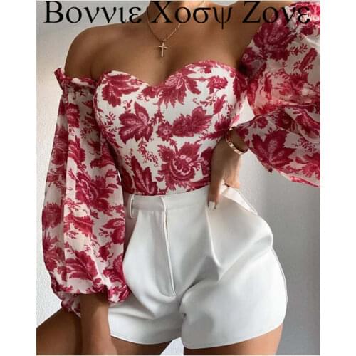 Summer Women Off Shoulder Floral Print Lantern Sleeve Blouse Long Sleeve Chic Top