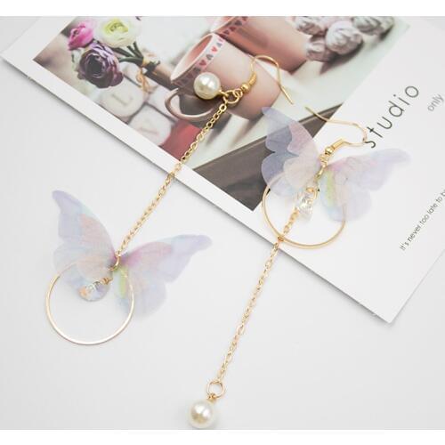 Fashion Earrings Sweet Ladies Earrings Temperament Asymmetric Butterfly Crystal Long Pearl Tassel Earrings for Womens Best Gift