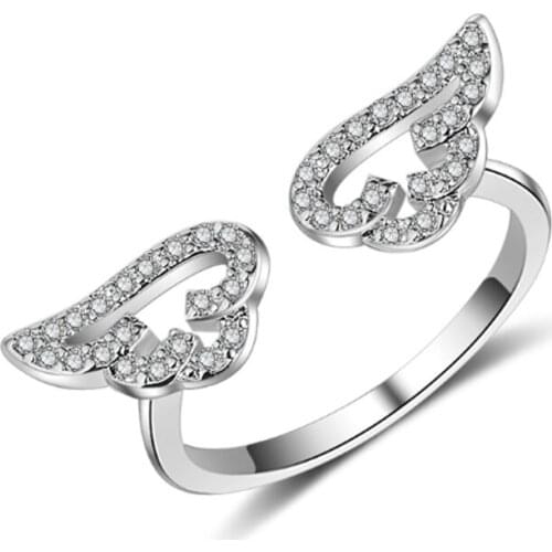 Atmospheric personality fashion trend wild two-color angel wings opening female models silver plated rings SA074