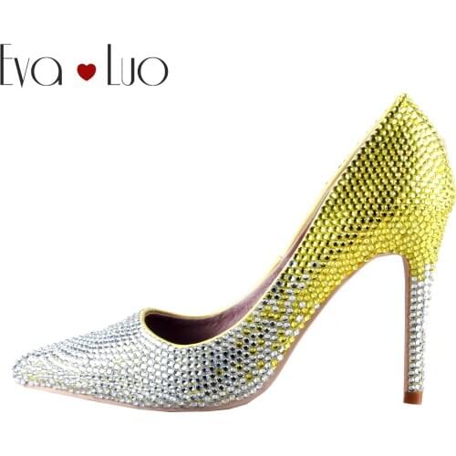 CHS1110 Luxury Custom Handmade Yellow Silver Crystal Shoes High Heels Pointed Toe Women Shoes Bridal Wedding Shoes