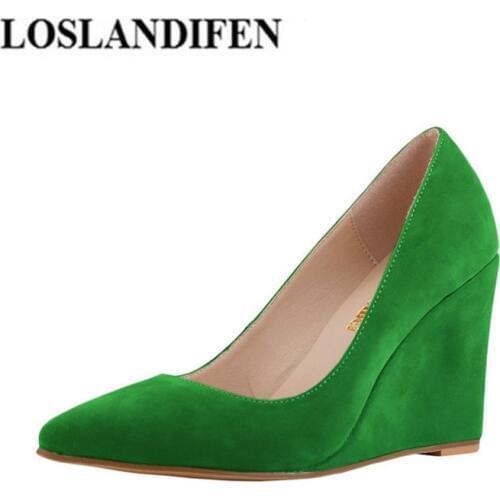 LOSLANDIFEN Wholesales Wedged Pointed Toe High Heel Shoes Women Pump Faux Suede Shoes Drop Shipping Femme Chaussure Zapato 046VE