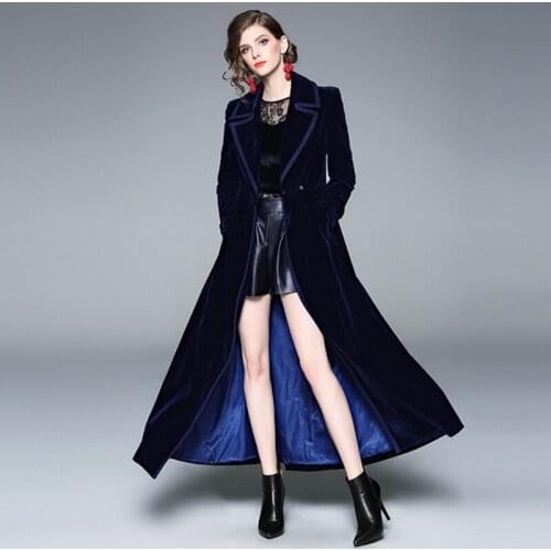 2021 Autumn Winter Black Velvet Trench Coat Women V Collar Gold Double-Breasted With Belt Thick Warm Outwear