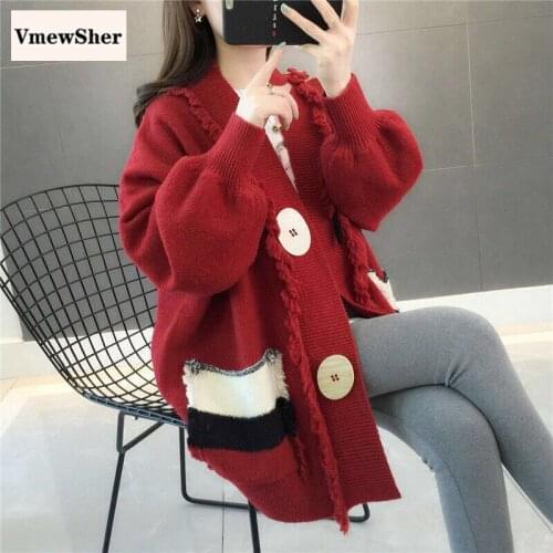 VmewSher New Women Cardigan Autumn Winter Color Panel Loose Sweater Coat Big Buttons Chic Knitwear Fashion Streetwear Knit Top