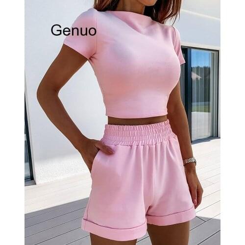2 Piece Set Women Summer O-Neck Casual Crop Top 2020 Female Clothing Tracksuit Pockets Loose Shorts Two Piece