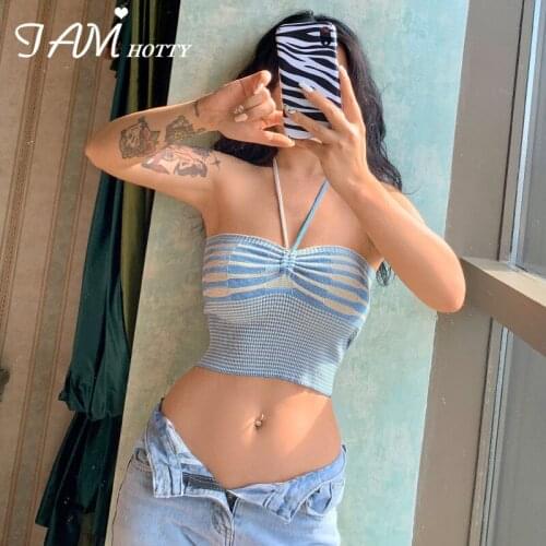 Knitted Striped Ruched Halter Cami Tops Women Vintage Sexy Sleeveless Beach Clubwear Stretchy Corset Summer Vest Ladies Iamhotty