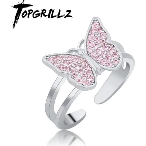 TOPGRILLZ High Quality Butterfly Ring Pink Zircon Ring Opening Copper Inlaid Butterfly Ring For Women Fashion Jewelry For Gift