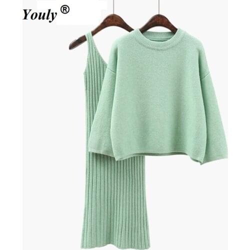 Women Knitted Sweater Dress Set Two Pieces Suit Autumn Winter O-Neck Loose Pullovers top Knitted Vest pencil Dress Jumper Female