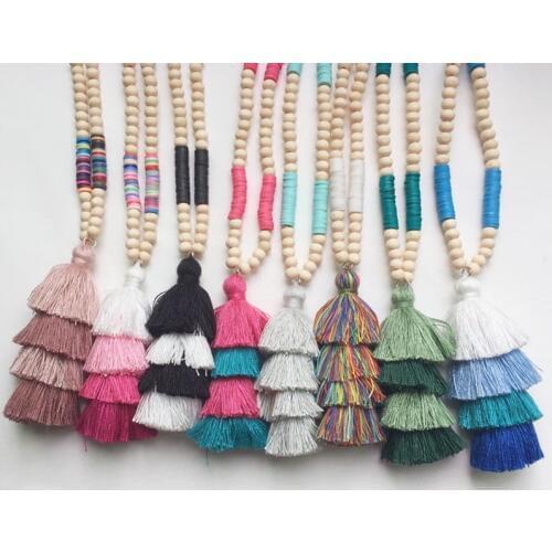 ZWPON 2020 New Layered Tassel Wood Beaded Polymer Clay Necklace for Women Summer Colorful Tassel Pendant Statement Necklace