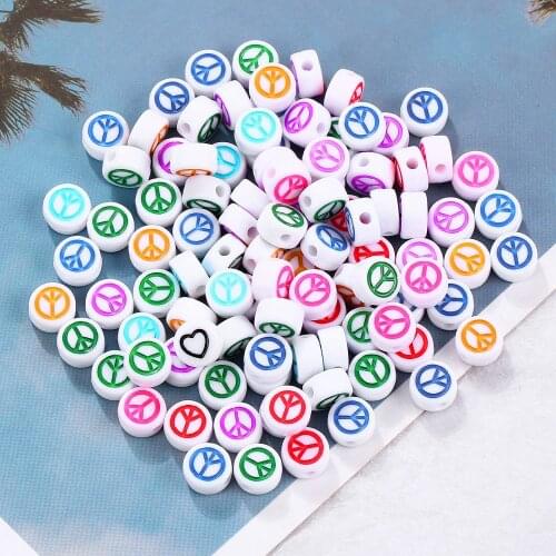 100pcs/Lot 7mm Oval Round Shape Acrylic Spaced Beads Peace Sign Colorful Beads For Jewelry Making DIY Charms Bracelet Necklac