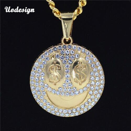 US Dollar Eye Hiphop Smile Head Necklace&Pendant Hip Hop Crystal Gold Colors Long Chain Necklaces for Men Women Jewelry