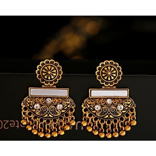 Antique Indian Jhumka Jhumki Jewelry Gold Metal Ethnic Mexico Gypsy Engraved Lotus Dangle Earrings For Women Girls Pendientes