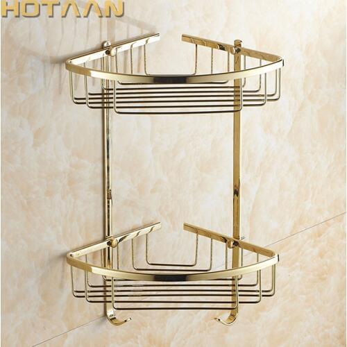 Free Shipping Wall Mounted Gold Finish Brass Bathroom Shower Shampoo Shelf Basket Holder Fashion Double Layer YT-7021