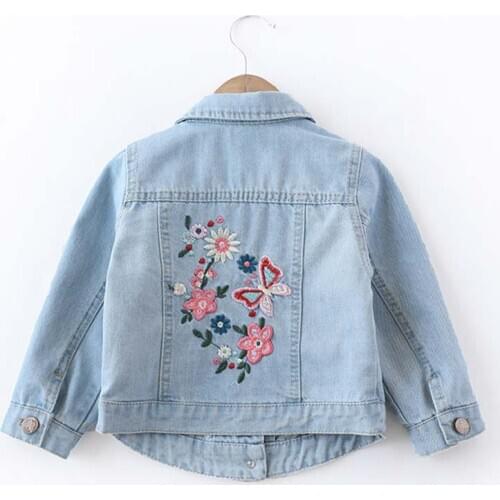 Girls Floral Denim Jackets Toddler Girl Butterfly Embroidery Vintage Jean Coat Kids Spring Fashion Long Sleeve Clothes Outwear
