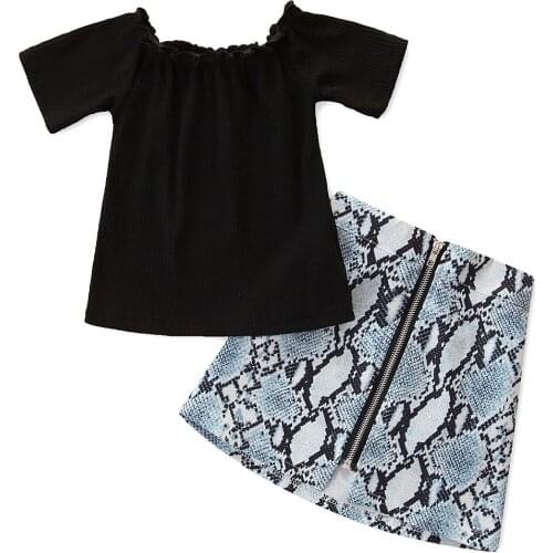 Kids Infant Baby Girl Clothing Set, Short Sleeve Ribbed Tops and Snakeskin Print Skirt Two-piece Suit Vacation Birthday Party