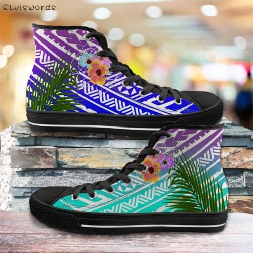 ELVISWORDS Tribal Polynesian Plumeria Design Fashion Style Womens Walking Shoes Casual Ladies High Top Canvas Vulcanized Shoes