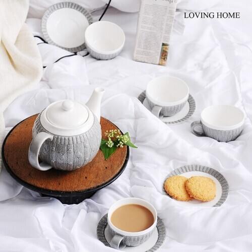 Creative Gray Sweater Embossed Bone China Coffeware Sets Stylish White Porcelain Tea Suits For Afternoon Tea Home Decorations