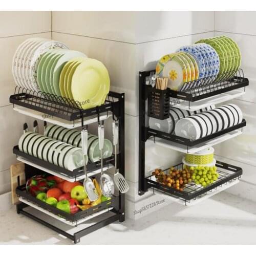 Stainless steel kitchen rack tableware chopsticks drain rack dishes cupboard put dishes plate rack black household storage rack