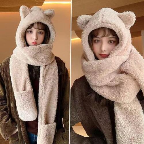 Cute Bear Ear Hat Casual Plush Hat Scarf Set Korean Winter Plush Scarf Solid Color Scarf Hat Earflap Set Novelty Beanies Caps