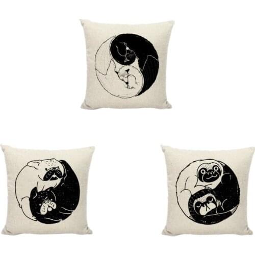 Fashion French bulldog Cushion Cover Lovely Yin Yang Pugs Black And White Sloth Print Home Sofa Car Decorative Throw Pillow Case