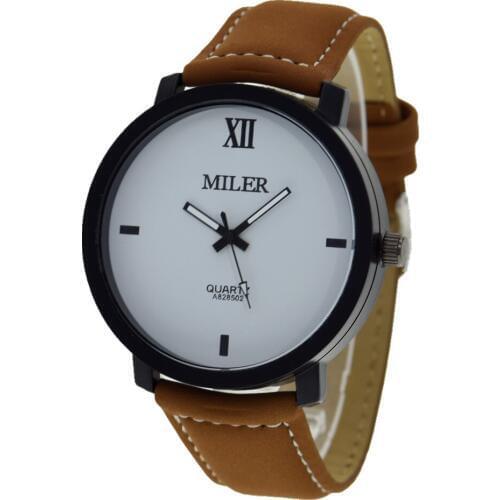 100pcs/lot New Miler A828502 Mens Round Dial Roman Number Quartz Watch Leather Band Wrist Watch Man Sport Casual Watches
