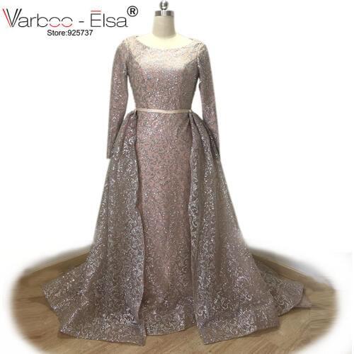 VARBOO_ELSA Arabic Muslim 2018 New Shiny Evening Dress Sequined Long Detachable Train Prom Dress Custom High Quality Party Dress