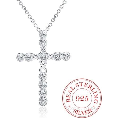 New Arrival Fashion Cross Necklace Accessories Ture 100% 925 Sterling Silver Crystal CZ Pendants Necklace for Women Fine Jewelry
