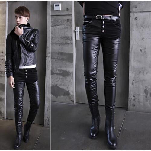 Autumn winter slim splice personality fashion motorcycle faux leather pants mens feet pants pu trousers for men plus velvet warm