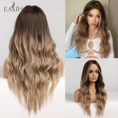 EASIHAIR Ombre Brown Long Water Wave Synthetic Hair Wigs With Dark Roots Middle Part Heat Resistant Fake Hair for White Women