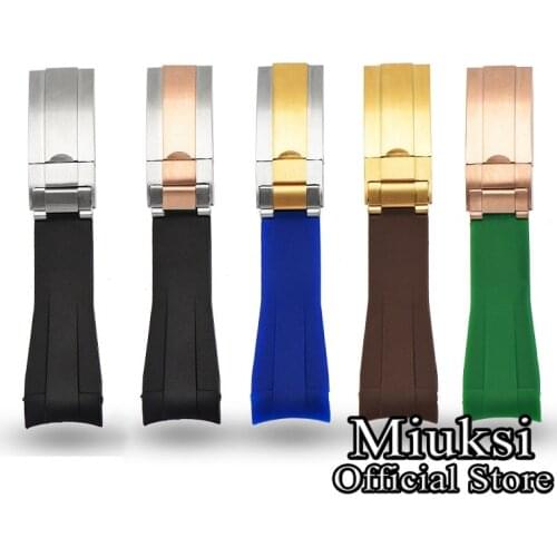 Miuksi 20mm black blue green rubber strap curved end watchband with silver rose gold balck stainless steel buckle
