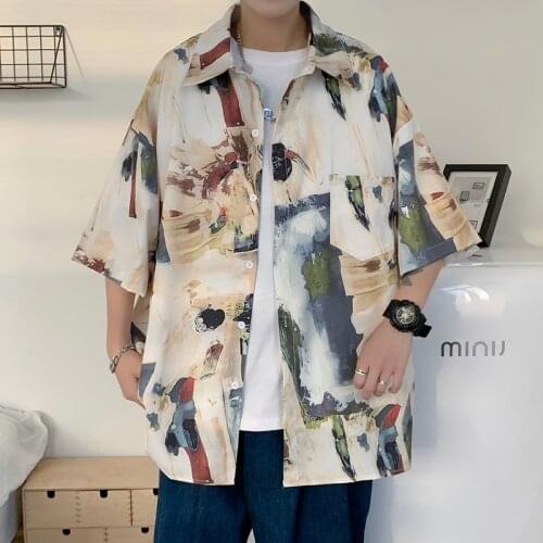 Chic short sleeve loose casual mens shirt vintage oil painting print button pocket mens and womens shirt summer 2021
