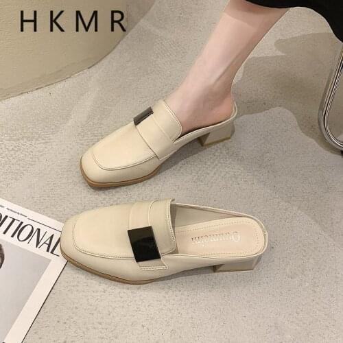 New Belt Buckle Women Shoes Woman Mules Sexy Ladies Shoes Slippers Cover Square Toe Low Heels Solid Leather Casual Shoes Slides