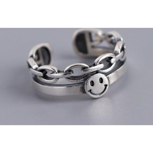 Vintage Opening Resizable Happy Smiley Face Ring Female Link Chain Shape Party Ring Adjustable Fashion Lady Stylish Finger Gift