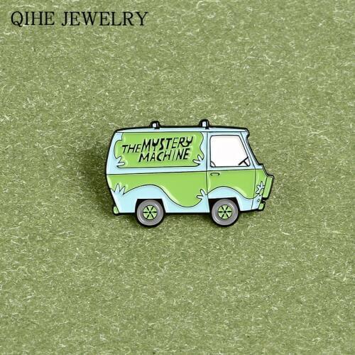 Green Travel Bus Brooch The Mystery Machine Enamel Pins Custom Cartoon Lapel Pin Badge Fashion Jewelry Gift for Women Men