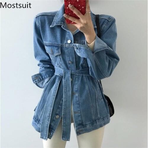 2020 Spring Korean Casual Blue Denim Coats Jackets Women Long Sleeve Turn-down Collar Sashes Loose Fashion Solid Tops Outwear