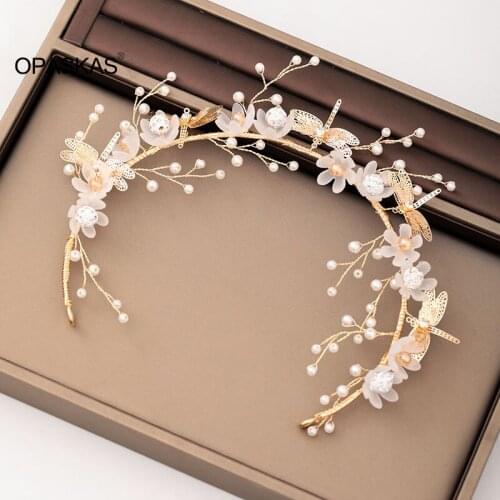 Sweet Headdress Faux Pearl White Flowers Dragonfly Decoration Gold Hair Band Suitable Fairy Girl Wear Bride Hair Jewelry VL