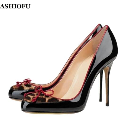ASHIOFU Handmade New Arrival Ladies High Heel Pumps Butter-knot Party Prom Dress Shoes Slip-on Patent Leather Evening Pump-shoes