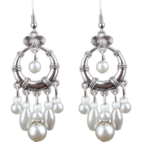 Womens Boho Vintage Pearls Beads Tassel Hook Drop Dangle Earrings White