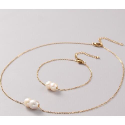 Pearl Necklace Bracelet For Women Natural Freshwater Pearl Sets Stainless Steel Fashon Jewelry 7-9mm White Pearl