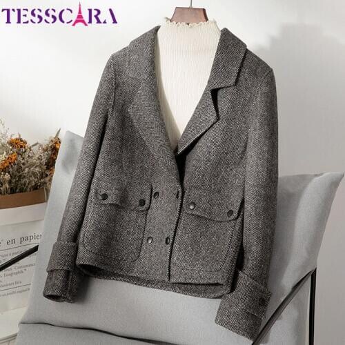TESSCARA Women Autumn Wool Blend Office Blazer Basic Jacket Coat Female High Quality Fashion Cashmere Jackets Outerwear & Coats