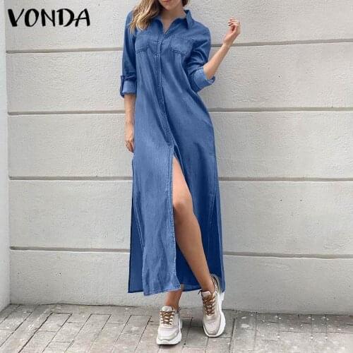VONDA Women Long Sleeve Denim Shirt Dress Casual Lapel Button Down Long Dresses Bohemian Vestidos Oversized Sundress Femme Robe