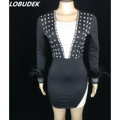 Women Rhinestones Black Feather Sleeve Wrap Hip Short Dress Fashion Birthday Prom Party Crystal One Piece Singer Host Stage Wear