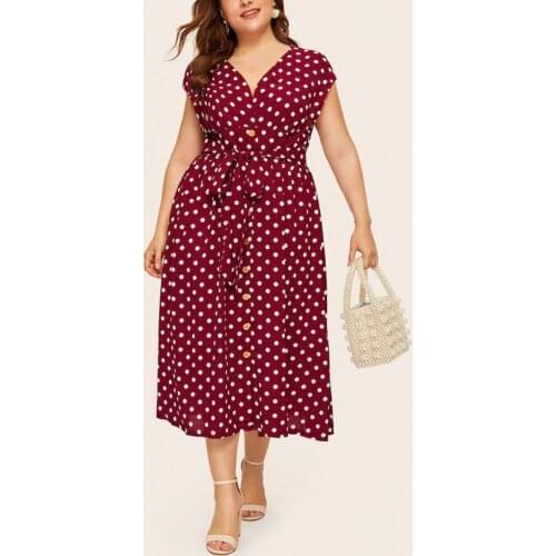 Summer Women Dress Polka Dot Print V Neck Summer Single-breasted Sleeveless Large Hem Dress Office Vestidos