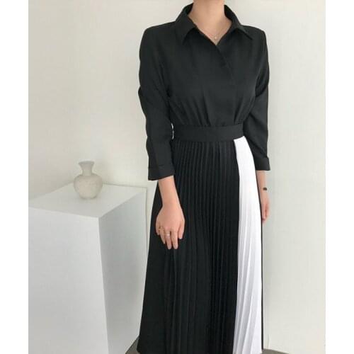 Blue Pleated Dress Woman Cloth Adjustable High Waist Long-sleeve Turn-down Collar Vestidos Business 2021 Autumn Dresses Female