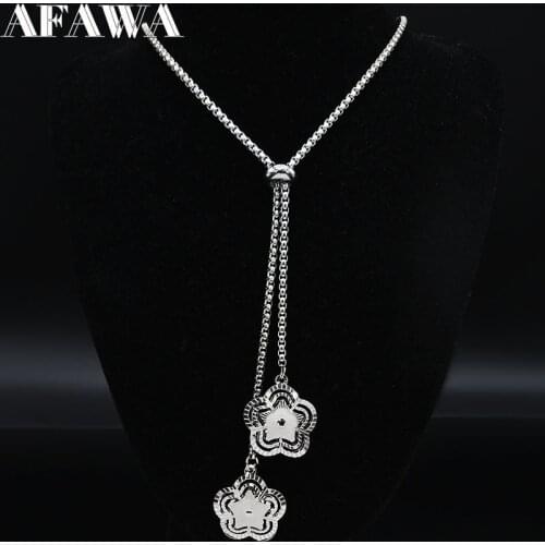 2021 Flower of Life Stainless Steel Necklace Chain Women Silver Color Long Necklaces Jewelry Christmas Gift bijoux femme N19906